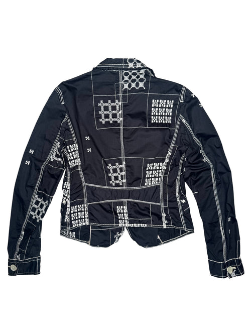 Vintage 2000s Y2K Marithé + François Girbaud Bohemian Subversive Navy Blue & White Abstract Embroidered  Button Down Collared Blazer Jacket | Size S