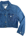 Vintage 2000s Y2K Moschino Jeans Cropped Blue Medium Wash Collared Button Down Denim Jacket | Size M-L