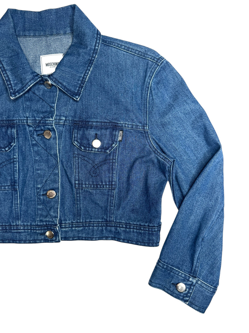 Vintage 2000s Y2K Moschino Jeans Cropped Blue Medium Wash Collared Button Down Denim Jacket | Size M-L
