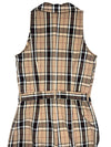 Vintage 90s Y2K Preppy Tartan Plaid Check Print Sleeveless Collared Button Down Midi Dress with Waist Tie | Size M
