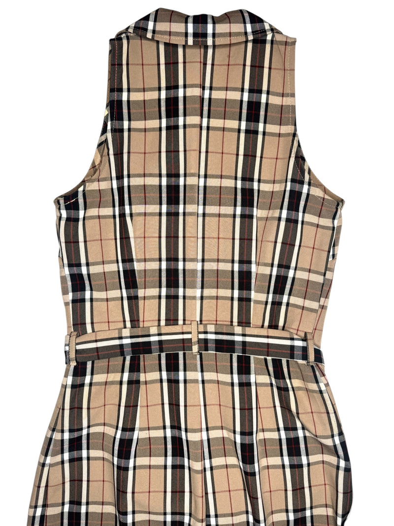 Vintage 90s Y2K Preppy Tartan Plaid Check Print Sleeveless Collared Button Down Midi Dress with Waist Tie | Size M