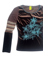 Vintage 2000s Y2K Save the Queen Brown Velvet & Knit Striped Floral Embroidered Long Sleeve Scoop Neck Top | Size M