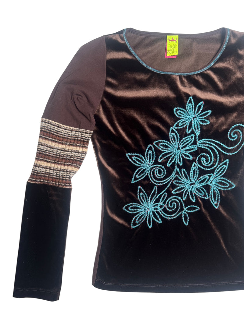 Vintage 2000s Y2K Save the Queen Brown Velvet & Knit Striped Floral Embroidered Long Sleeve Scoop Neck Top | Size M
