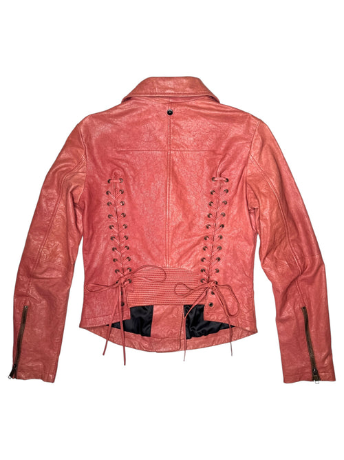 Vintage 2000s Y2K Diesel Grunge Coral Orange Zip Up Moto Leather Jacket with Corset Back Lace Detail | Size M