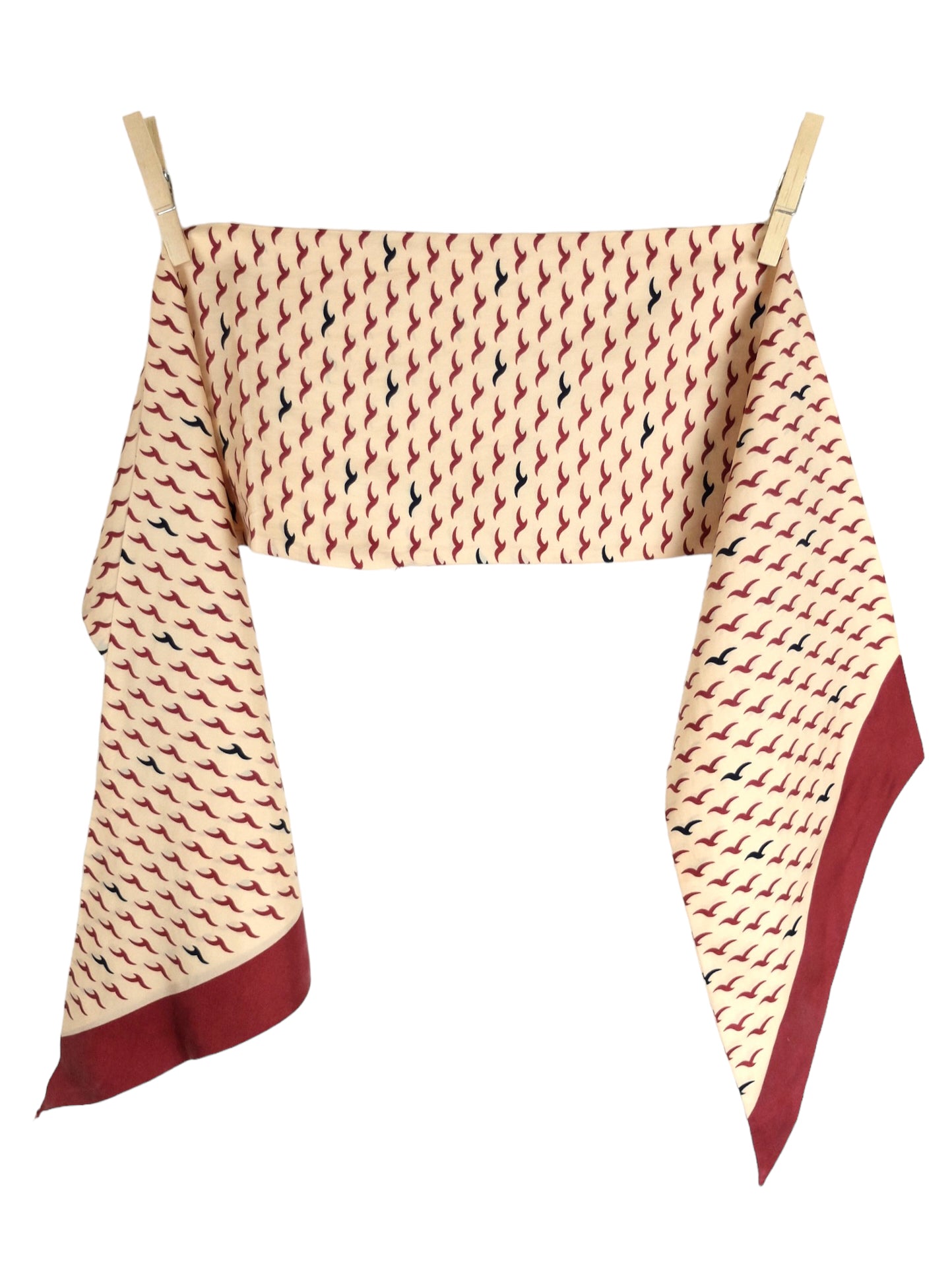 Vintage 80s Silk Mod Abstract Bird Print Beige Red & Blue Thin Lightweight Neck Tie Wrap Scarf