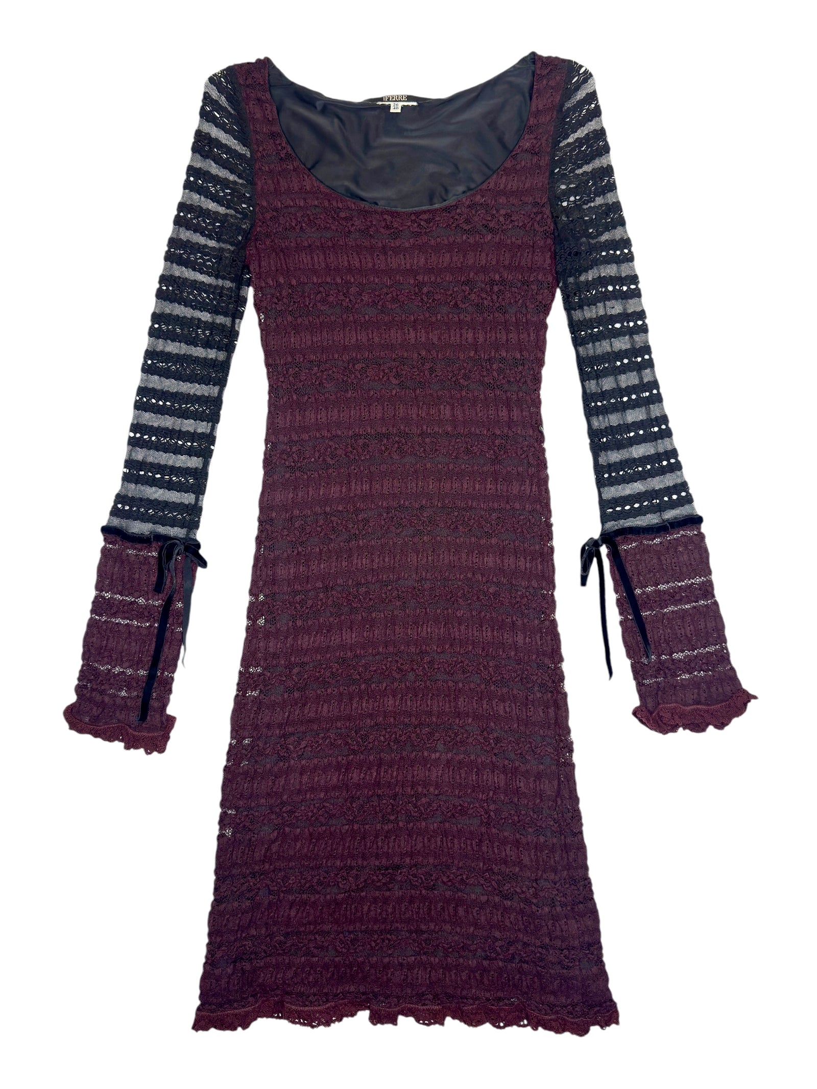 Vintage 2000s GIANFRANCO FERRE Maroon & Black Lace Crochet Long Sleeve Midi Dress | Size XS-S