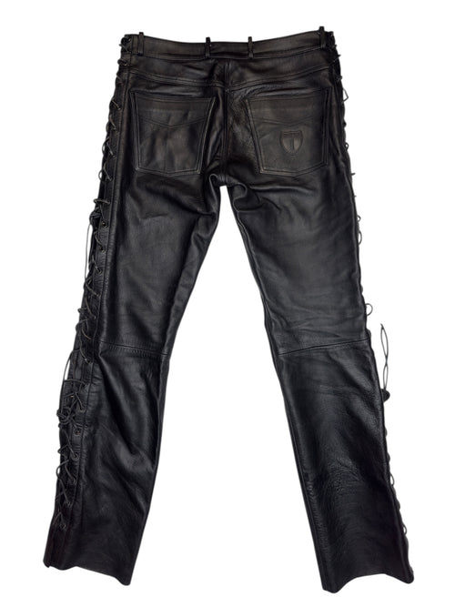 Vintage 2000s Men's Moto Black Mid Rise Leather Side Lace Up Racing Pants | 34 Inch Waist