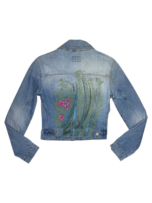 Vintage 2000s BLUMARINE Light Wash Fitted Denim Jacket with Floral Embroidery | Size XS-S