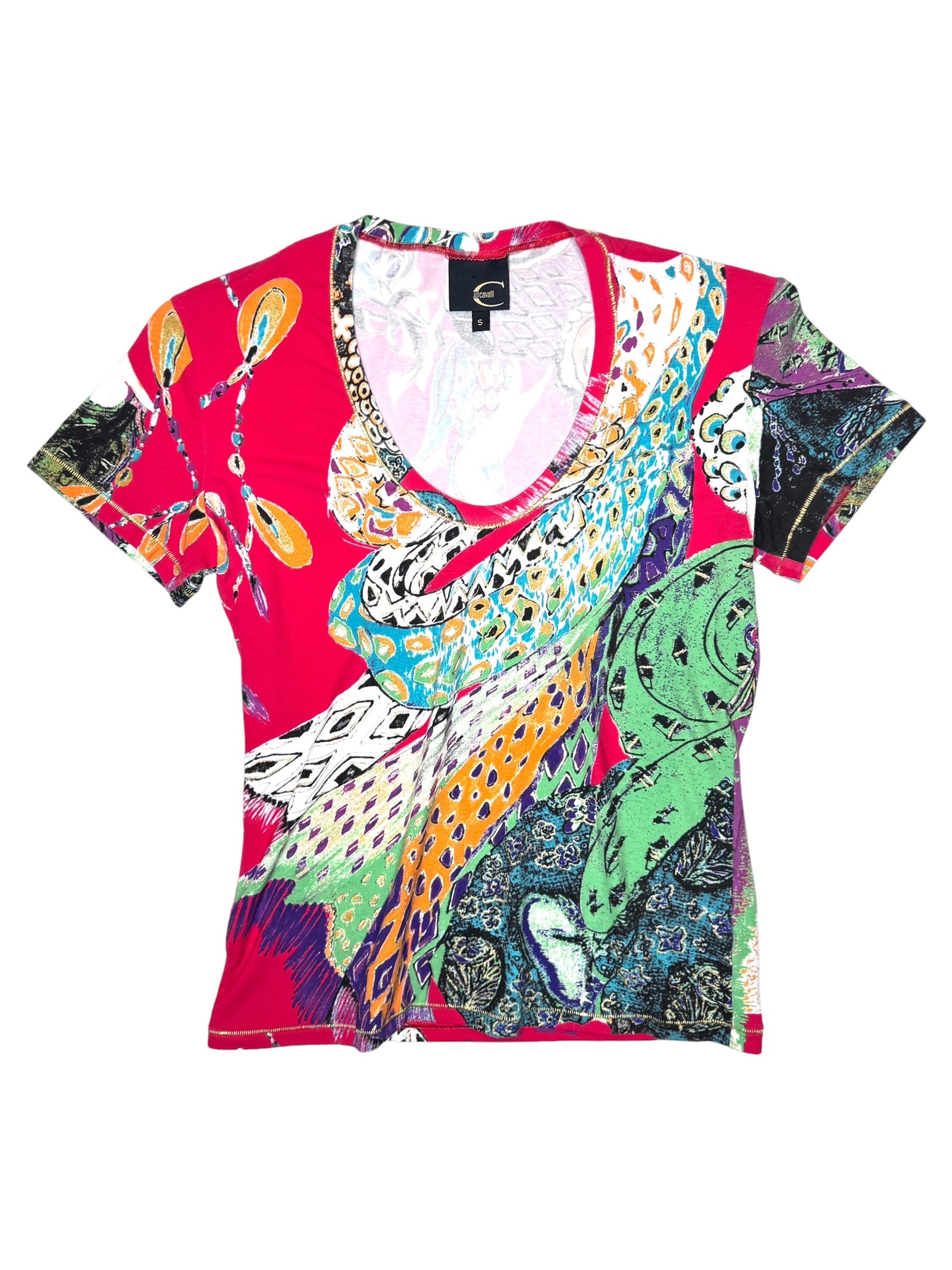 Vintage 2000s CAVALLI Red Abstract Print Short Sleeve Graphic T-Shirt | Size S