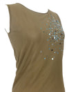 Vinntage 2000s Y2K Marella Olive Green Sleeveless Blouse with Blue Embellished Sequin Detail | Size M