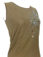 Vinntage 2000s Y2K Marella Olive Green Sleeveless Blouse with Blue Embellished Sequin Detail | Size M