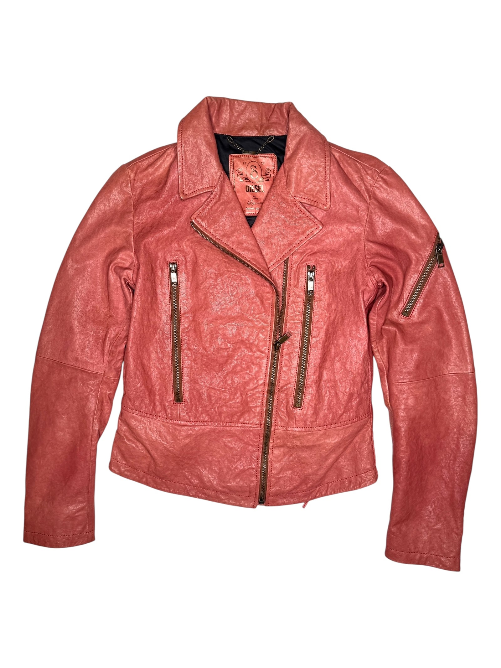 Vintage 2000s Y2K Diesel Grunge Coral Orange Zip Up Moto Leather Jacket with Corset Back Lace Detail | Size M