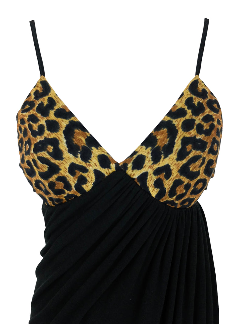 Vintage 90s La Perla Designer Chic Black & Brown Leopard Animal Print Sleeveless Spaghetti Strap Tank Midi Dress | Size M