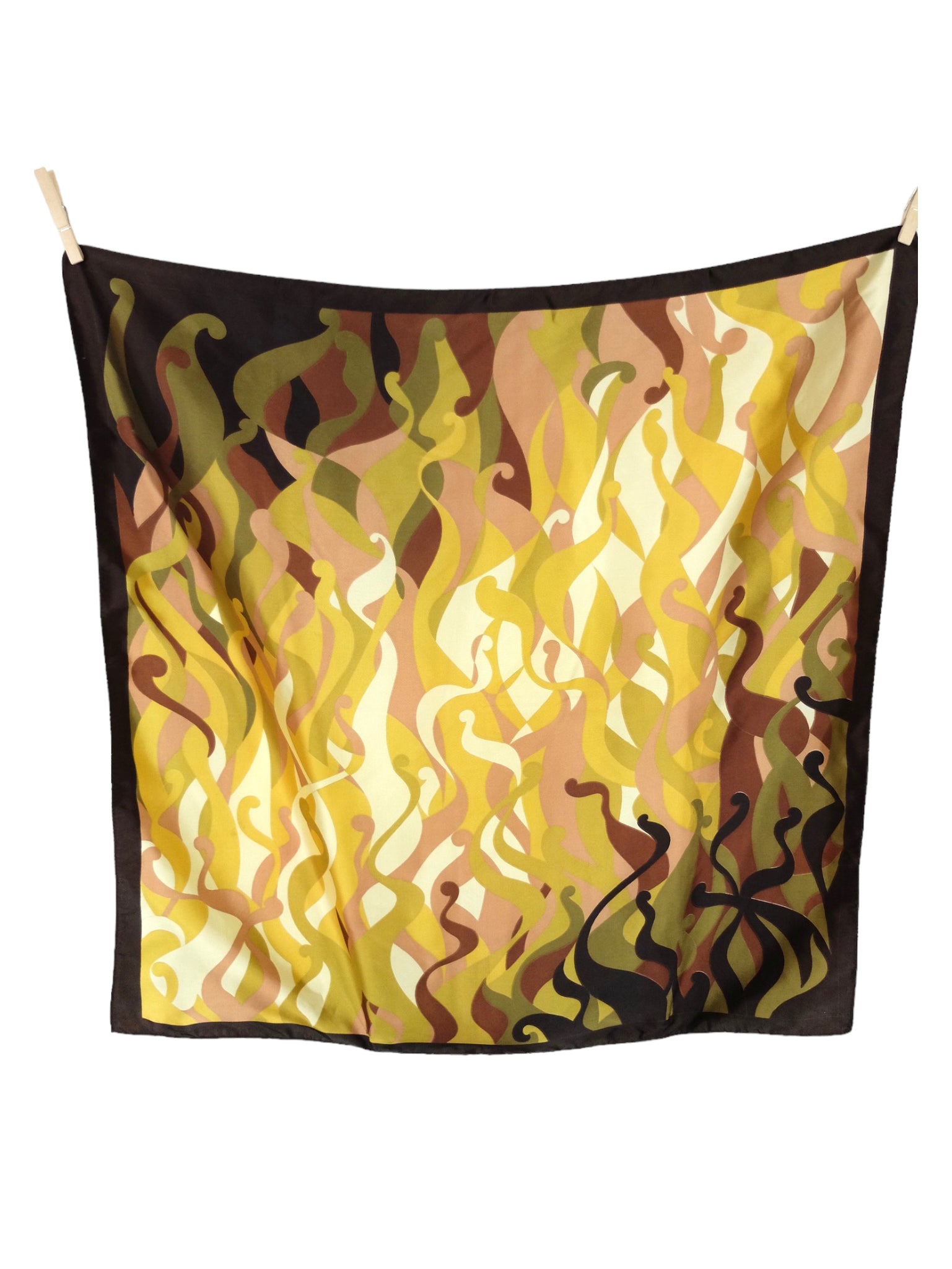 Vintage 90s Funky Chic Abstract Patterned Gold Brown & Dark Green Square Bandana Neck Tie Scarf