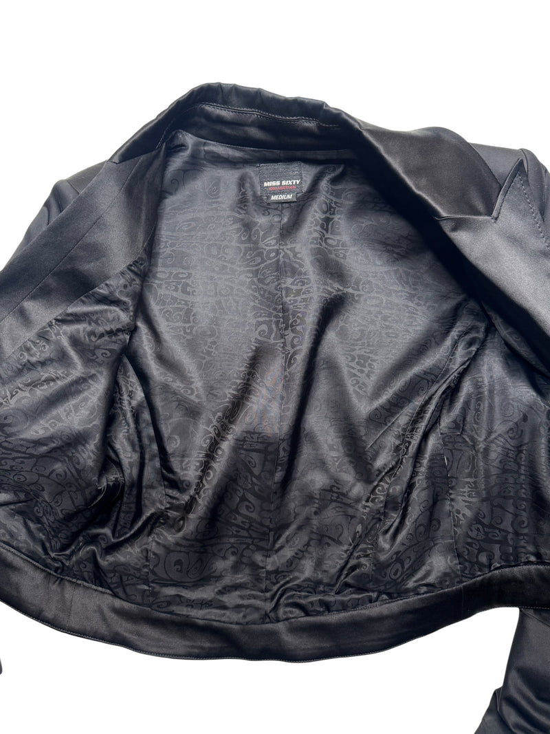 Vintage 2000s Y2K Miss Sixty Gothic Grunge Black Cropped Silky Blazer Jacket with Ruched Sleeves | Size S-M