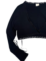Vintage 2000s Y2K Blumarine Black Cropped Long Sleeve Bolero Style Lace Trim Blouse with Rhinestone Detail | Size M-L