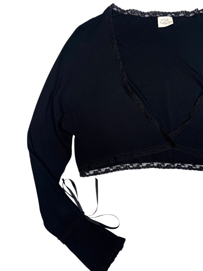Vintage 2000s Y2K Blumarine Black Cropped Long Sleeve Bolero Style Lace Trim Blouse with Rhinestone Detail | Size M-L