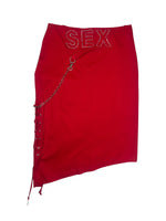 Vintage 2000s Red Rhinestone Asymmetrical Low Rise Midi Skirt with Chain & Side Lace Up Detail | Size S
