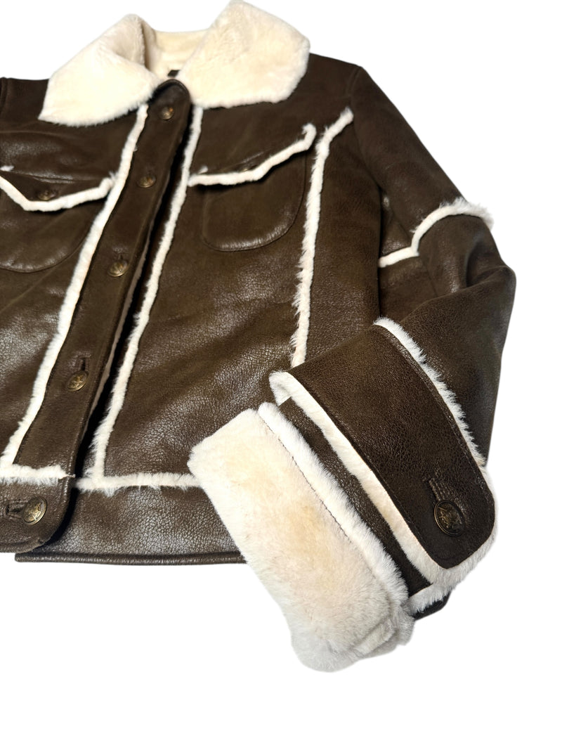 Vintage 2000s Y2K Bohemian Brown Utilitarian Faux Leather Collared Button Down Jacket With Faux Fur Lining | Size M