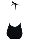 Vintage 80s Deadstock Minimalist Mod Solid Black V-Neck Halter One-Piece Swimsuit Bathing Suit | Size S