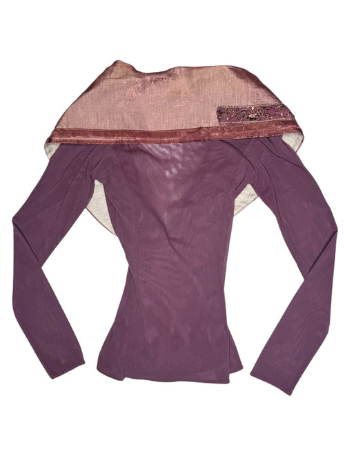 Vintage 2000s Y2K Plum Purple Cowl Collared Long Sleeve Mesh Top with Floral Detail | Size M