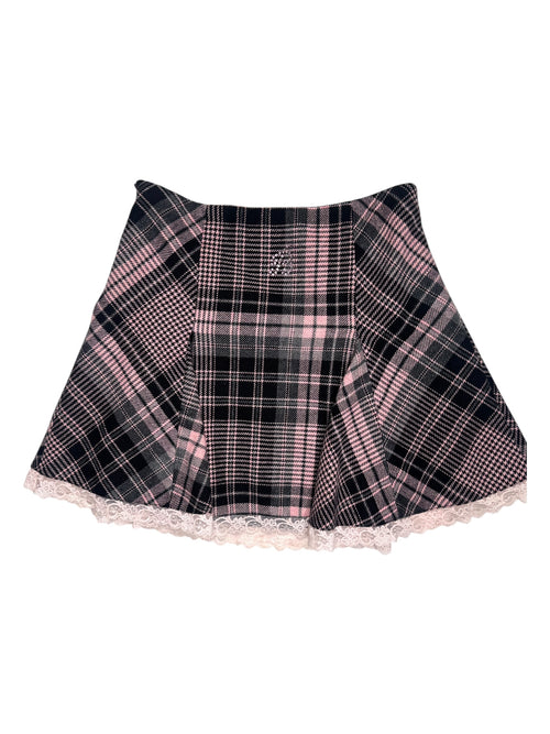 Vintage 2000s Miss Blumarine Wool Pink & Black Plaid Tartan Ruffled Lace Micro Mini Skirt | Size XXS