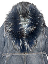 Vintage 2000s Y2K Rocco Barocco Dark Wash Blue Denim Coat with Faux Fur Collar Trim | Size L