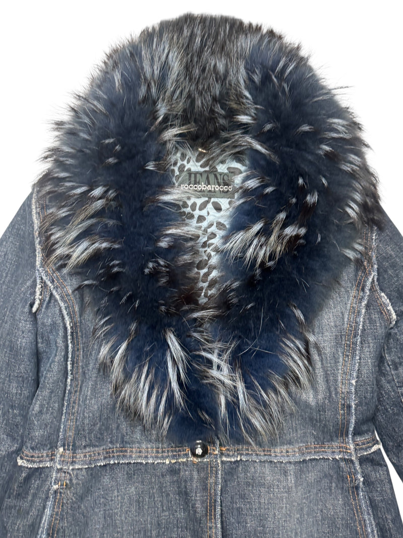 Vintage 2000s Y2K Rocco Barocco Dark Wash Blue Denim Coat with Faux Fur Collar Trim | Size L