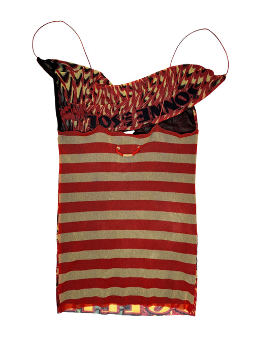 Vintage SS99 JEAN PAUL GAULTIER Amour au Soleil Orange Striped Graphic Cowl Neck Mesh Tank Top | Size L-XL