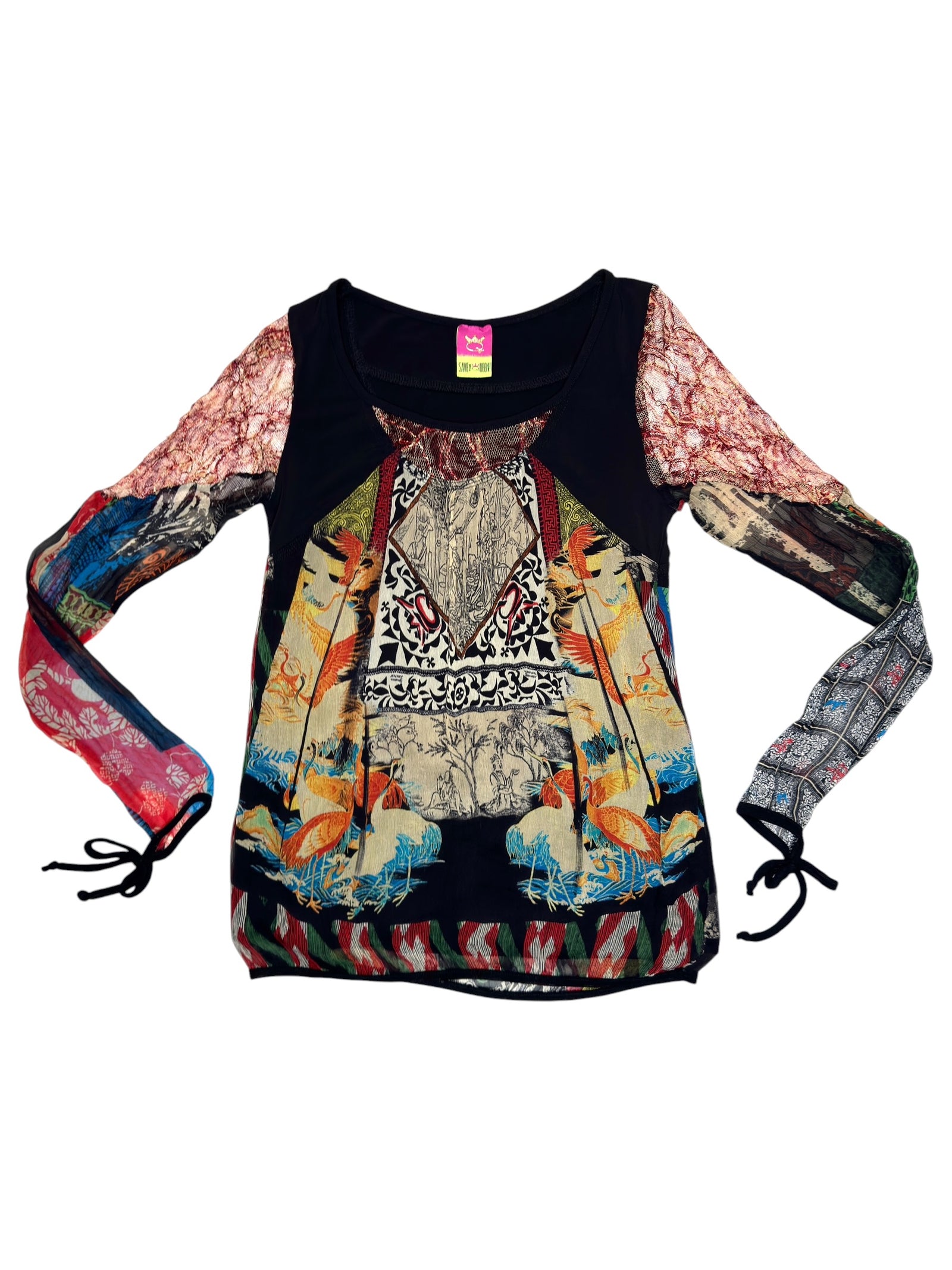 Vintage 2000s SAVE THE QUEEN Multicolour Abstract Print Scoop Neck Long Sleeve Top | Size XS-S