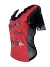 Vintage 2000s Y2K Dolce & Gabbana Gothic Grunge Fairy Style Red & Black Skull Graphic Ruffled Fishnet & Mesh Blouse | Size S