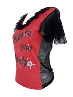 Vintage 2000s Y2K Dolce & Gabbana Gothic Grunge Fairy Style Red & Black Skull Graphic Ruffled Fishnet & Mesh Blouse | Size S