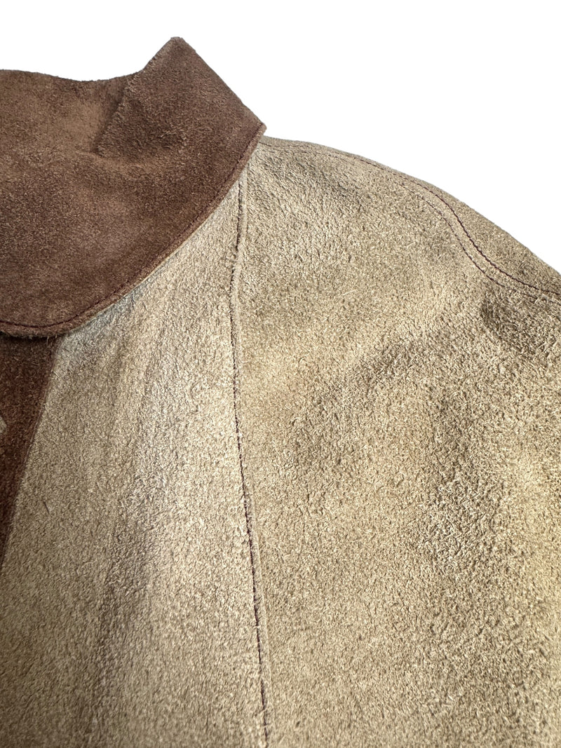 Vintage 70s Bohemian Hippie Tan & Brown Suede Leather Collared Snap Button Down Cape Poncho | Size M