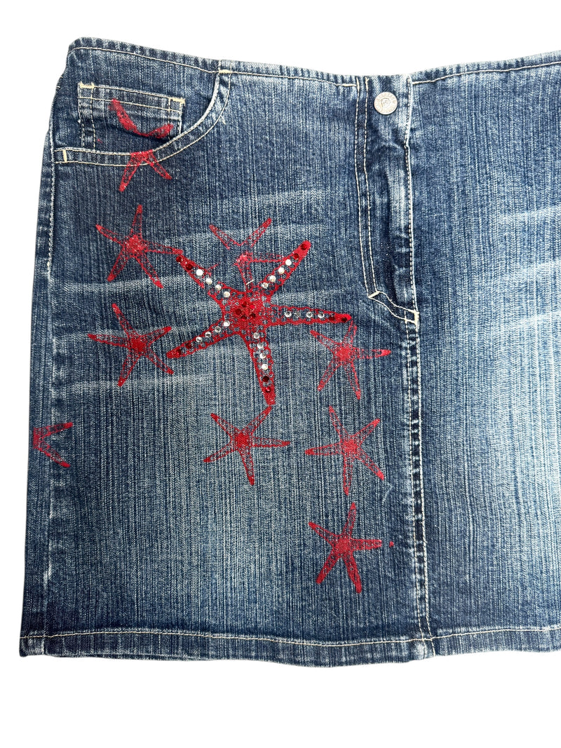 Vintage 2000s Y2K Versace Jeans Couture Low Rise Medium Wash Faded Denim Skirt With Red Stars & Rhinestones | Size M