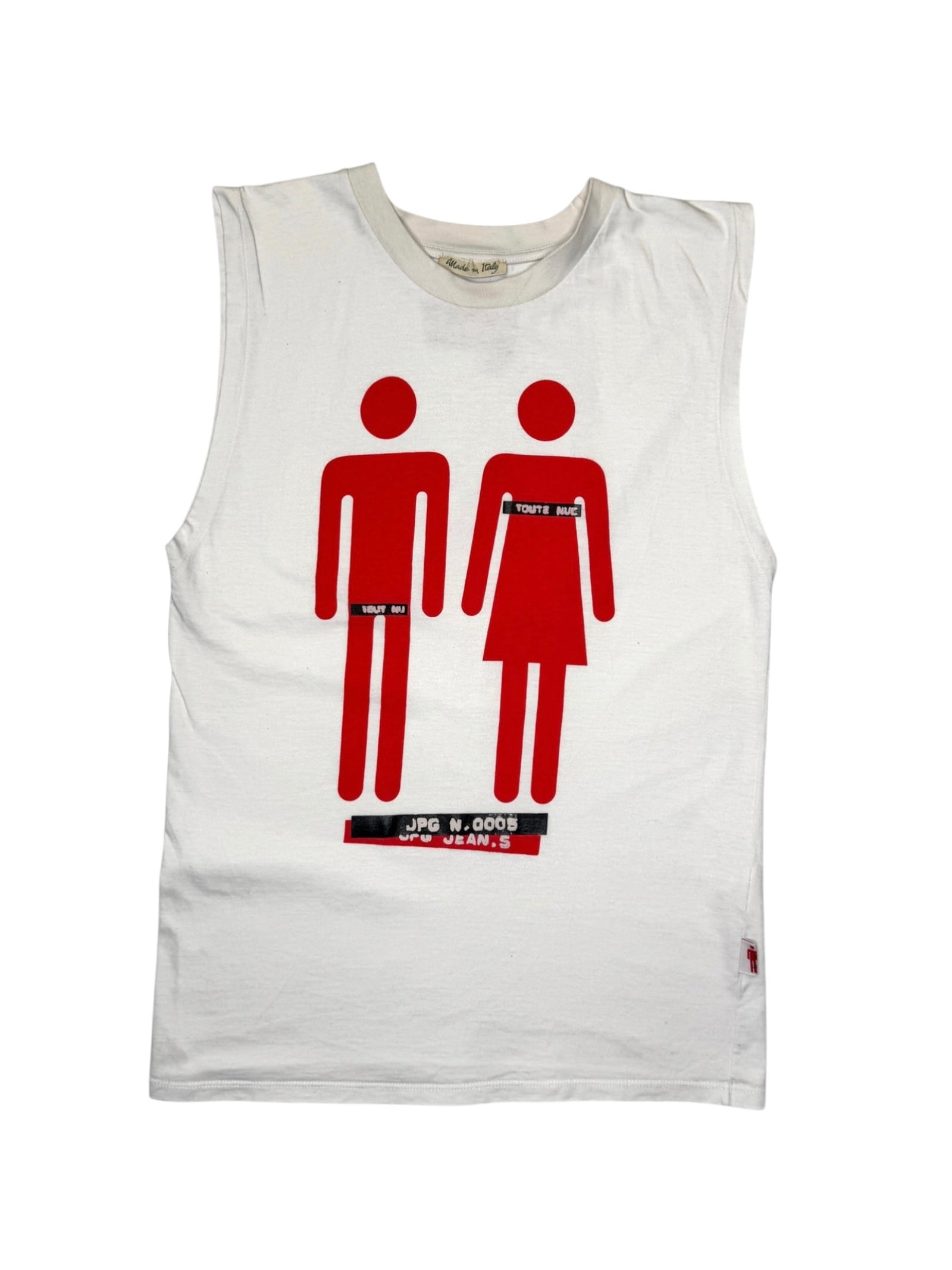 Vintage 2000s JPG JEANS by Jean Paul Gaultier SS 2003 N.0005 White & Red Graphic Sleeveless Muscle Tee | Size XS-S