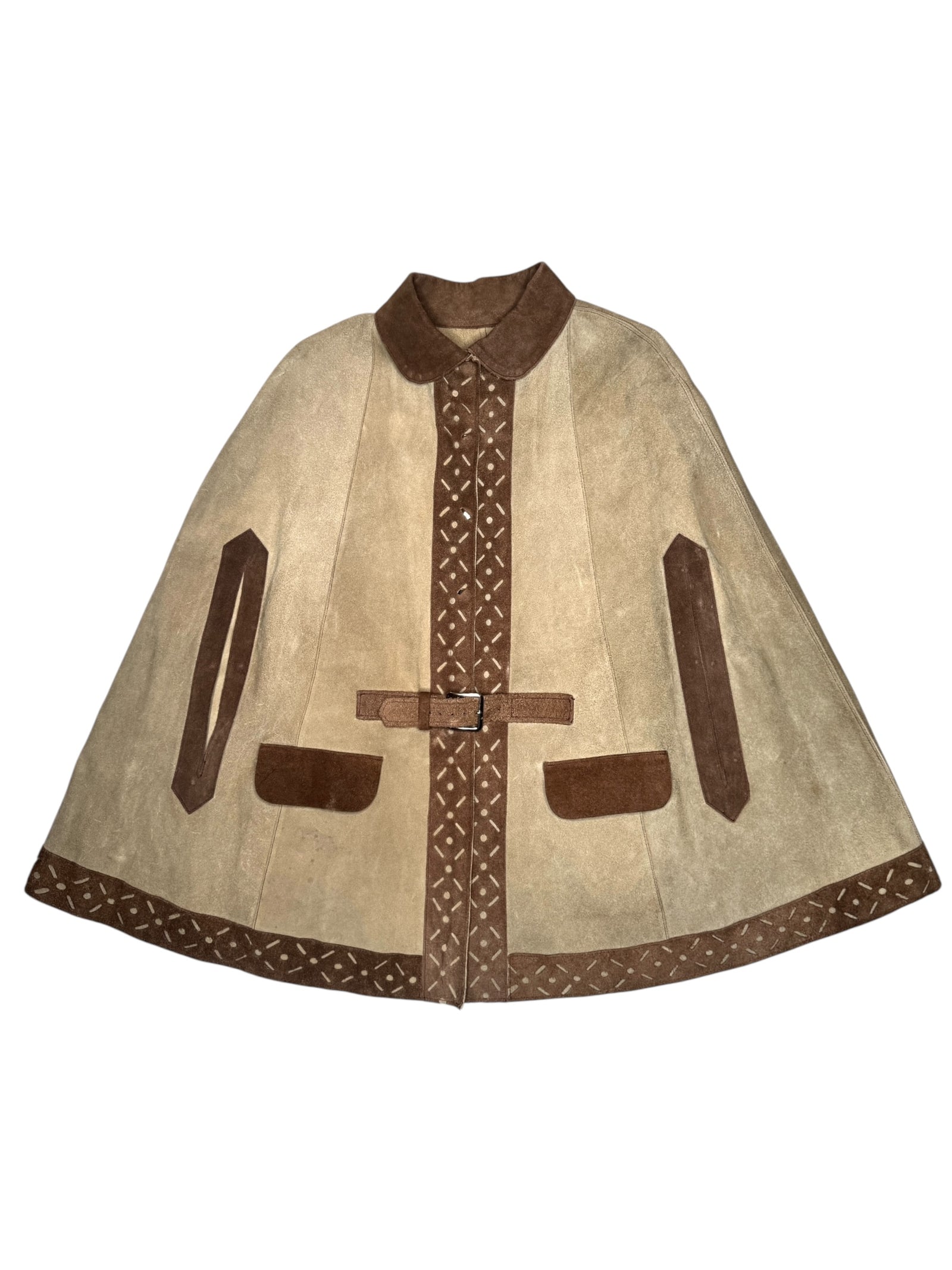 Vintage 70s Bohemian Hippie Tan & Brown Suede Leather Collared Snap Button Down Cape Poncho | Size M