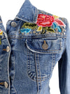 Vintage 2000s Y2K Blumarine Fitted Blue Denim Jacket with Studs & Floral Embroidery Detail  | Size XS