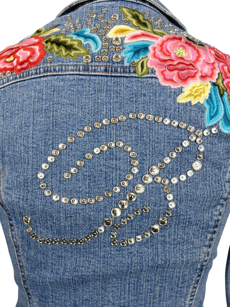 Vintage 2000s Y2K Blumarine Fitted Blue Denim Jacket with Studs & Floral Embroidery Detail  | Size XS