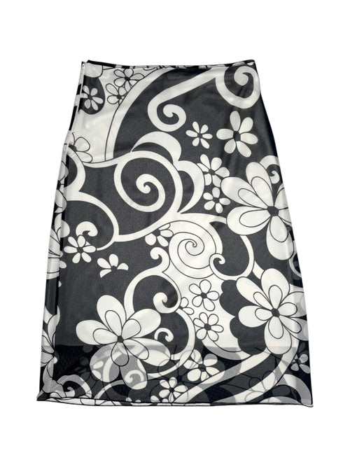 Vintage 2000s Black & White Abstract Floral Patterned Mesh Midi Skirt | Size S