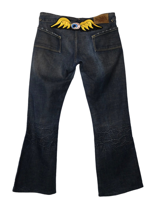 Vintage 2000s Y2K Von Dutch Low Rise Dark Wash Bootcut Jeans with Wing & Eyeball Patch Detail | 30 Inch Waist