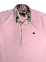 Vintage 2000s Y2K Burberry Preppy Pastel Pink & Plaid Tartan Collared Button Up Short Sleeve Shirt | Size M