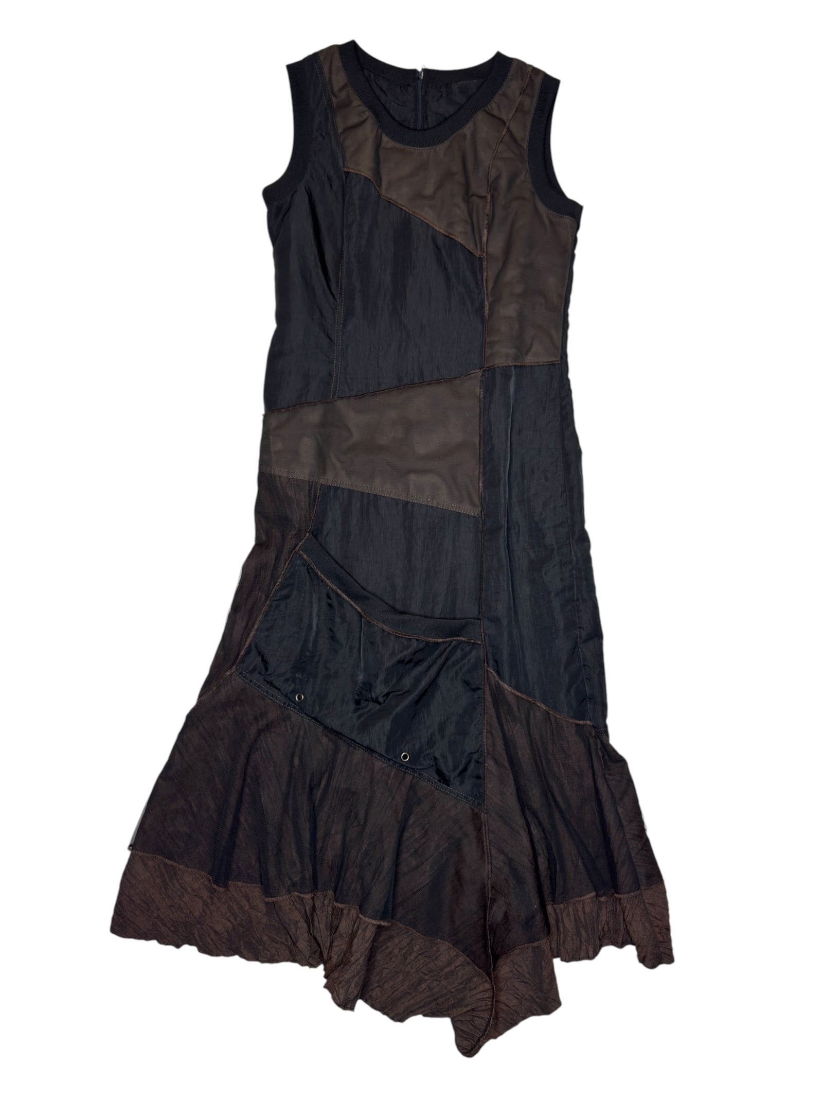 Vintage 2000s PLANETE INTERDITE Subversive Black & Brown Asymmetrical Patchwork Maxi Tank Dress | Size S-M
