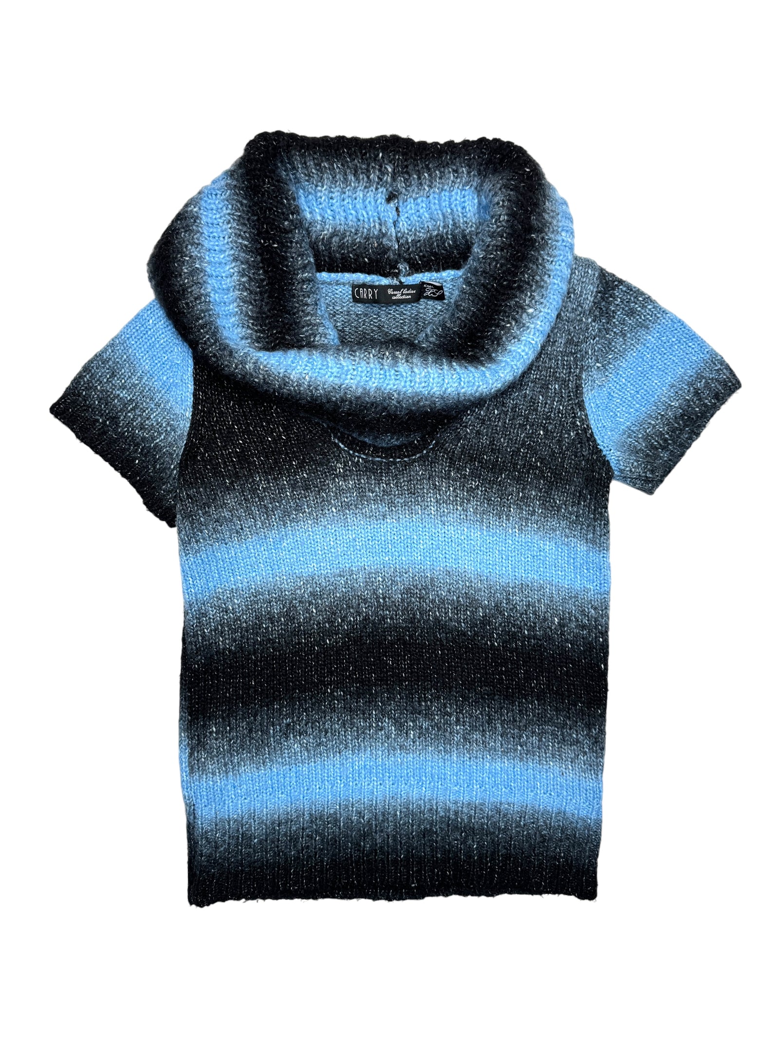 Vintage 2000s Knit Black Grey & Blue Striped Short Sleeve Turtleneck Sweater | Size XS-S