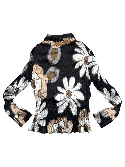 Vintage 2000s Floral Abstract Crinkle Silky Long Sleeve Collared Button Up Shirt  | Size M-L
