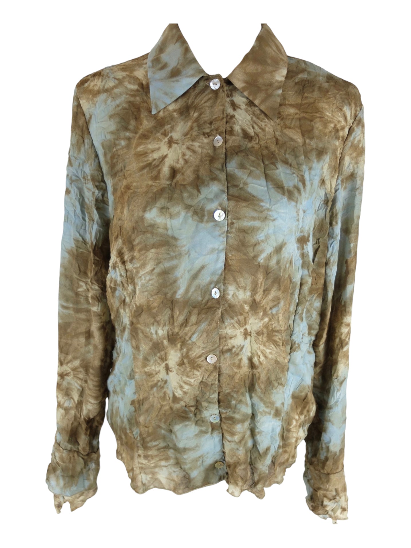 Vintage 2000s Y2K Bohemian Hippie Fairy Brown & Blue Acid Wash Tie Dye Chiffon Collared Long Sleeve Button Up Crinkle Blouse | Size M-L