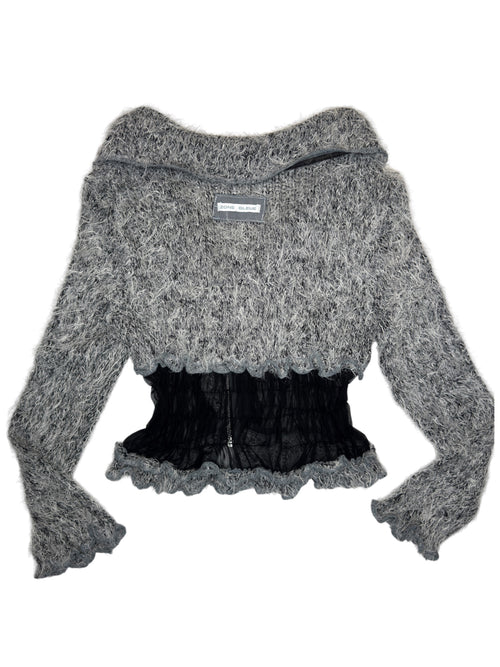 Vintage 2000s ZONE BLEUE Knit Grey Fuzzy Asymmetrical Zip Up Cardigan with Ruched Mesh Waist | Size S