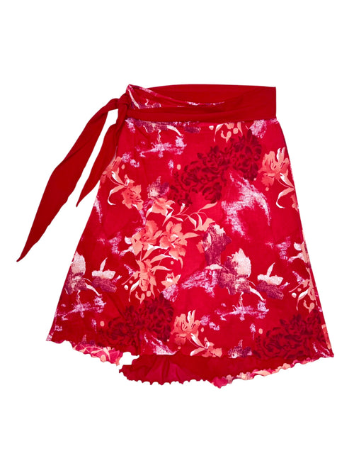 Vintage 2000s Red Mesh Low Rise Floral Asymmetrical Mesh Midi Skirt with Waist Tie | Size M