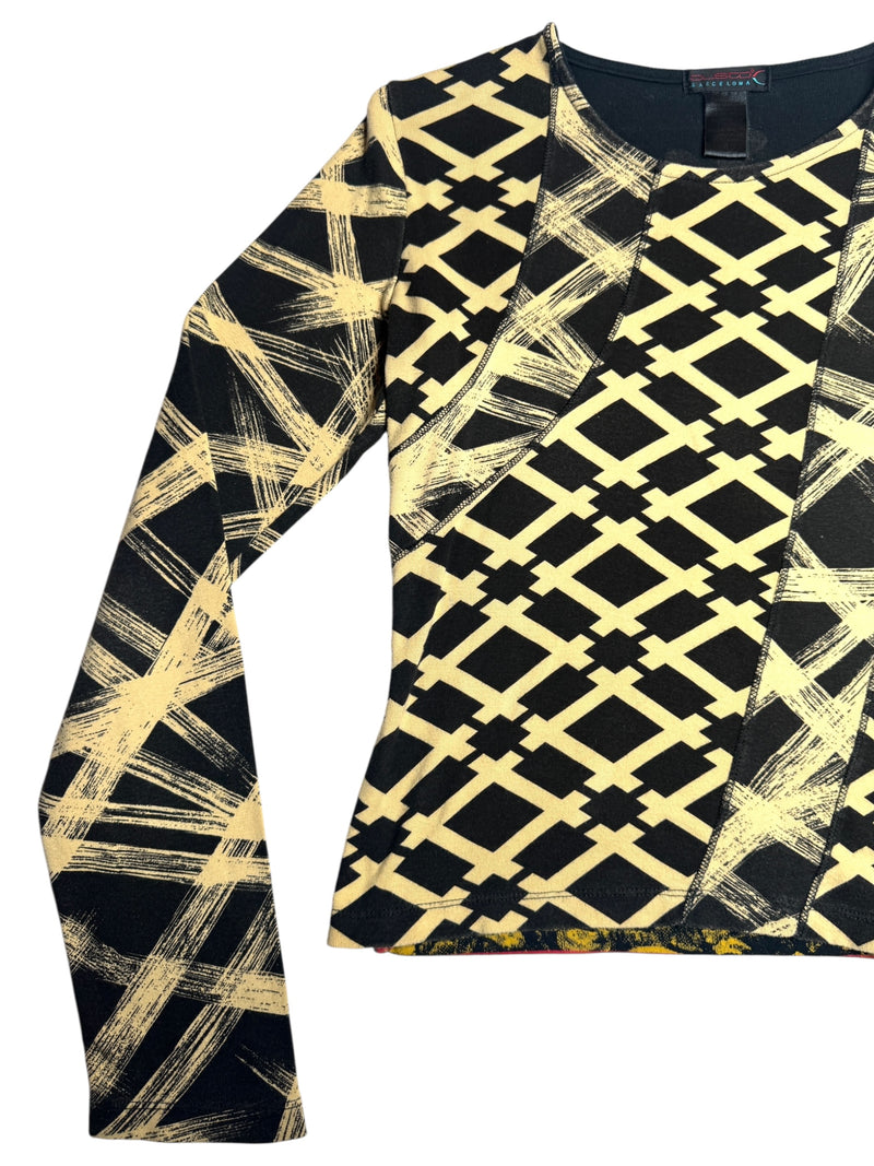 Vintage 2000s Y2K Custo Barcelona Streetwear Style Abstract Geometric Graphic Print Long Sleeve Cotton Shirt | Size S-M