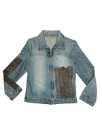Vintage 2000s Cavalli Light Wash Denim Jacket with Brown Abstract Screen Printed Detail | Size M