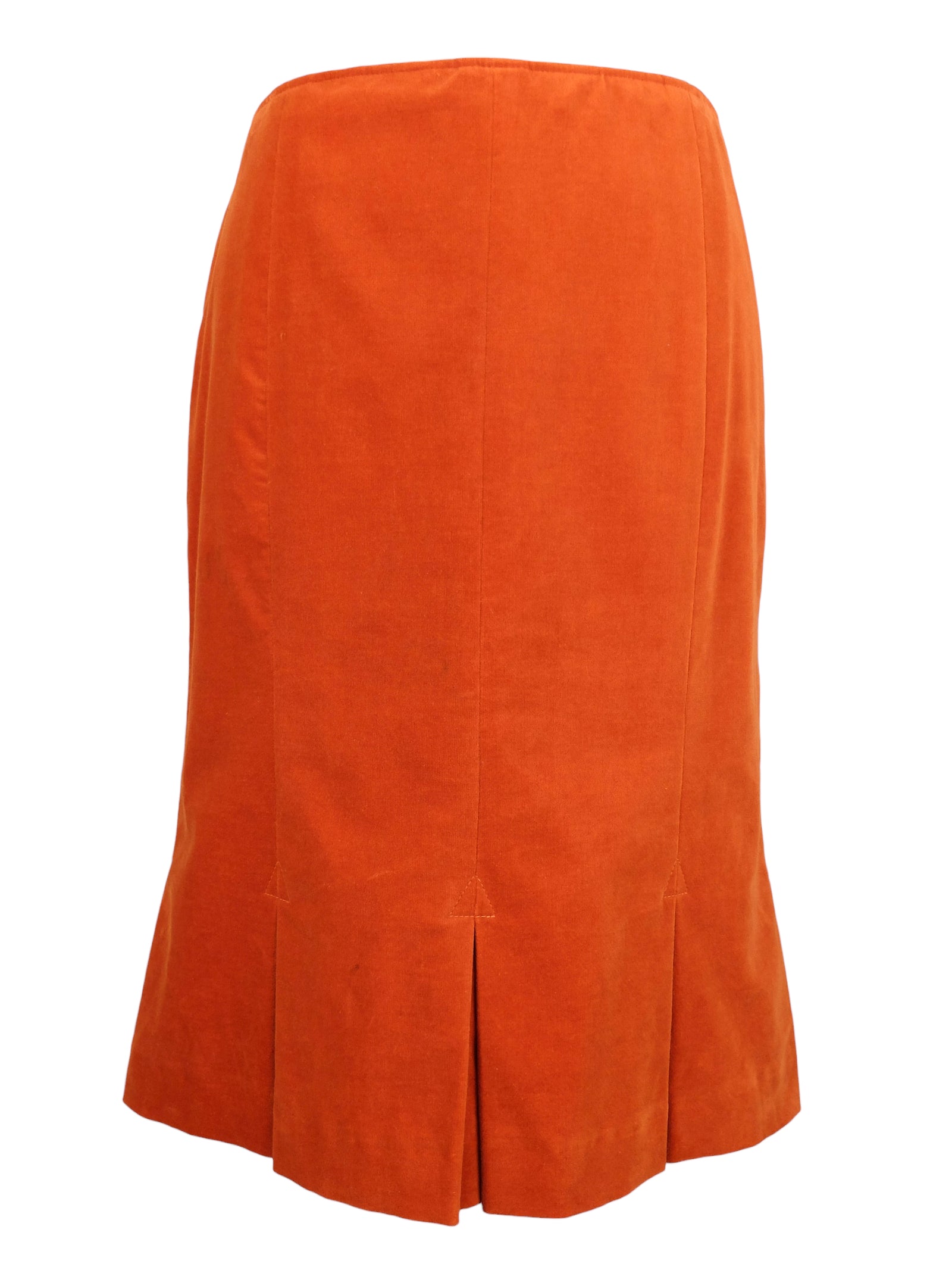 Vintage 90s Marella Designer Chic Mod Low Rise Bright Orange Velour Velvet Below-the-Knee Pleated Midi Skirt | Size S